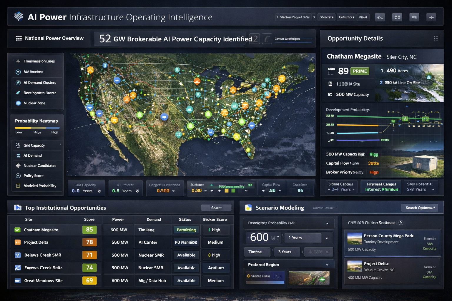 PowerMap™ — National AI Power Corridor Intelligence Dashboard showing 75 GW of tracked brokerable AI power capacity across U.S. nuclear corridors, with SiteScore rankings, scenario modeling, and institutional opportunity detail panels.